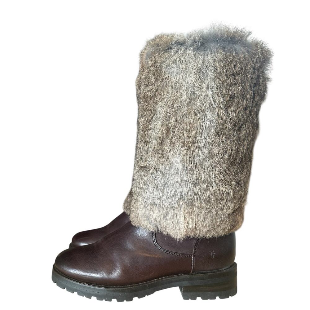 Frye Vintage Natalie Rabbit Fur Cuffed Burgundy Leather Boots 7.5